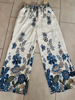🎀 Sommerhose Baumwolle Leinen Mix weites Bein gr M/L Blumen Luftig angenehmer Stoff Neu🎀