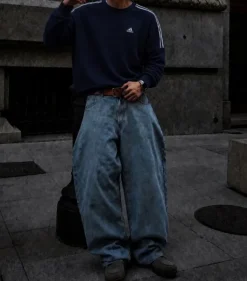 Adidas Oversized Sweatshirt Navy Blue Y2K Streetwear Vintage 90s 00s Crewneck Baggy Pullover Unisex