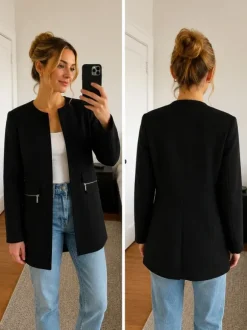 AMISU black collarless longline blazer.
