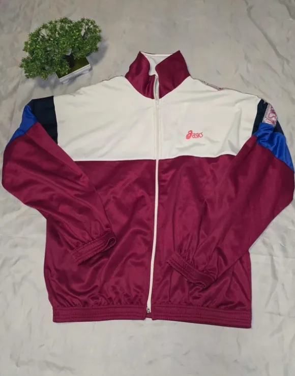 Asics Vintage Track Jacket Burgundy Weiß Y2K Retro Sportswear Größe L