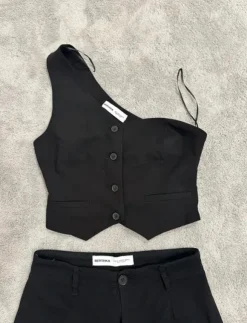 Bershka Set S 36 Schwarz Weste & Hose Zweiteiler Asymmetrisch Wide Leg