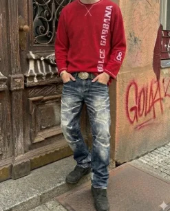 Dolce & Gabbana Fleece Pullover Bedruckt Y2K Designer 00s Herren Unisex Rot Weiß M