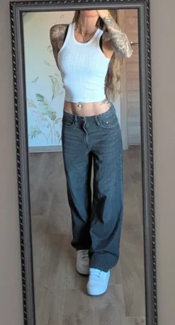 Gina Tricot perfect Damen straigt wide Leg Jeans Baggy grau schwarz 34 XS low-waist Y2K Style