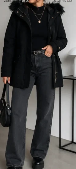 Jacke, Mantel schwarz, Fellkapuze - xs, H&M