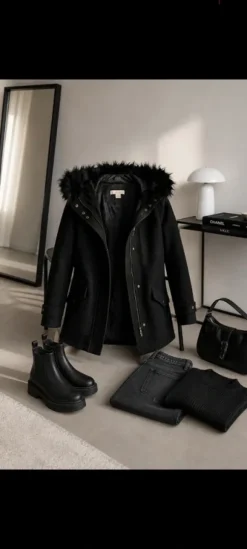 Jacke, Mantel schwarz, Fellkapuze - xs, H&M