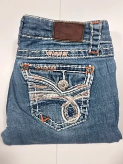 Jeans Miss Me Jeans Y2k Flared Bootcut Low waist Vintage Backprint Hose Blau Größe:XS