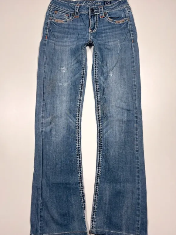 Jeans Miss Me Jeans Y2k Flared Bootcut Low waist Vintage Backprint Hose Blau Größe:XS