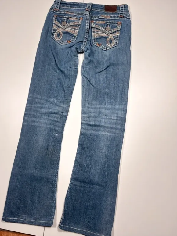 Jeans Miss Me Jeans Y2k Flared Bootcut Low waist Vintage Backprint Hose Blau Größe:XS