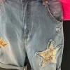Jeans Short Pailletten Krone Stern Gr. L Ibiza Boho TOP