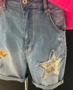 Jeans Short Pailletten Krone Stern Gr. L Ibiza Boho TOP