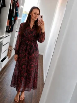 MNG Mango Boho Strandkleid Sommerkleid transparent Maxi Kleid schwarz rot Gr S