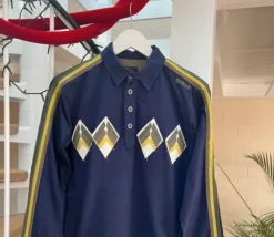 Orginal wie neu Energie Sixty Y2K Polo Shirt 90s Style – Navy/Gelb – Rare GR L