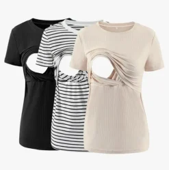 Set Stillshirt XL 42 Schwangerschaft Umstandsmode Tshirts schwarz beige gestreift