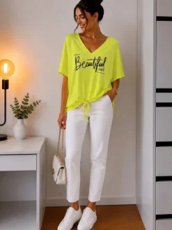Shirt neon gelb Oversize Print kurzarm locker Tunika Sommer Statement Shirt