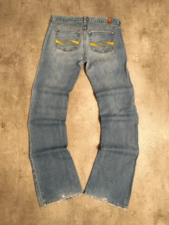 Vintage Japanese Printed Jeans | Low Waist ; Flared | Miss Me; True Religion Style | L | Blau