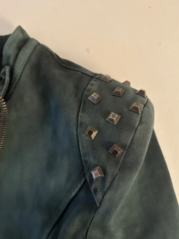 vintage khaki nieten biker jeans jacke