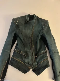 vintage khaki nieten biker jeans jacke