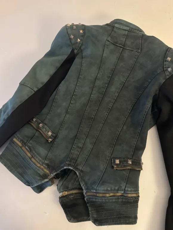 vintage khaki nieten biker jeans jacke