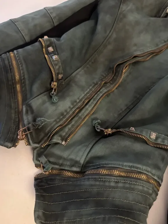 vintage khaki nieten biker jeans jacke