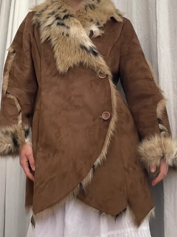 Vintage Leoprint Penny Lane Faux Fur Coat Wildledermantel Hippie Festival Boho