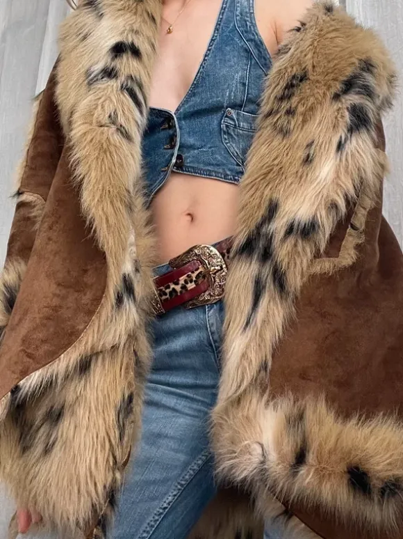 Vintage Leoprint Penny Lane Faux Fur Coat Wildledermantel Hippie Festival Boho