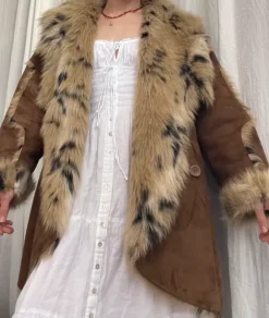 Vintage Leoprint Penny Lane Faux Fur Coat Wildledermantel Hippie Festival Boho