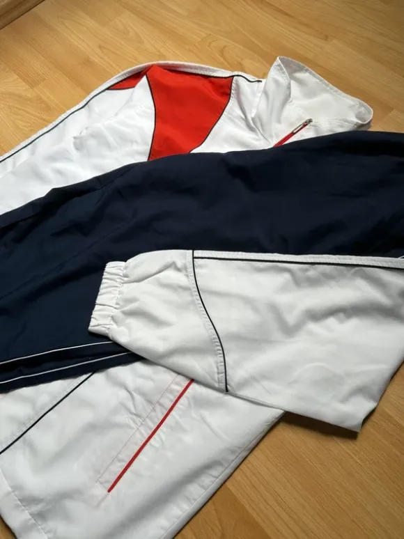 Vintage Trainingsanzug Set | Baumwolle | White/Navy/Red | Retro Sport Style | Jacke M / Hose L