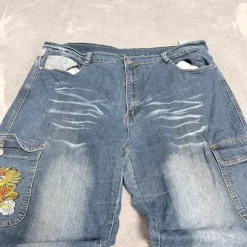 Vintage Y2K Baggy Cargo Jeans Dragon Embroidery Denim Blue Gorpcore Cyber