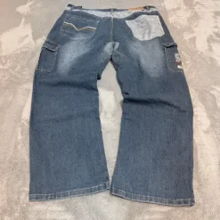 Vintage Y2K Baggy Cargo Jeans Dragon Embroidery Denim Blue Gorpcore Cyber
