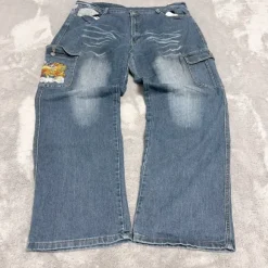 Vintage Y2K Baggy Cargo Jeans Dragon Embroidery Denim Blue Gorpcore Cyber