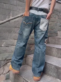 Vintage Y2K Baggy Cargo Jeans Dragon Embroidery Denim Blue Gorpcore Cyber